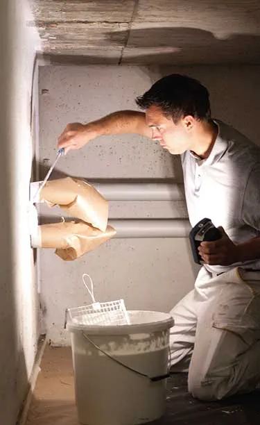 Remeselník osvetľuje úzku tmavú miestnosť s Pracovným svetlom Festool v jednej ruke a s náradím v druhej.